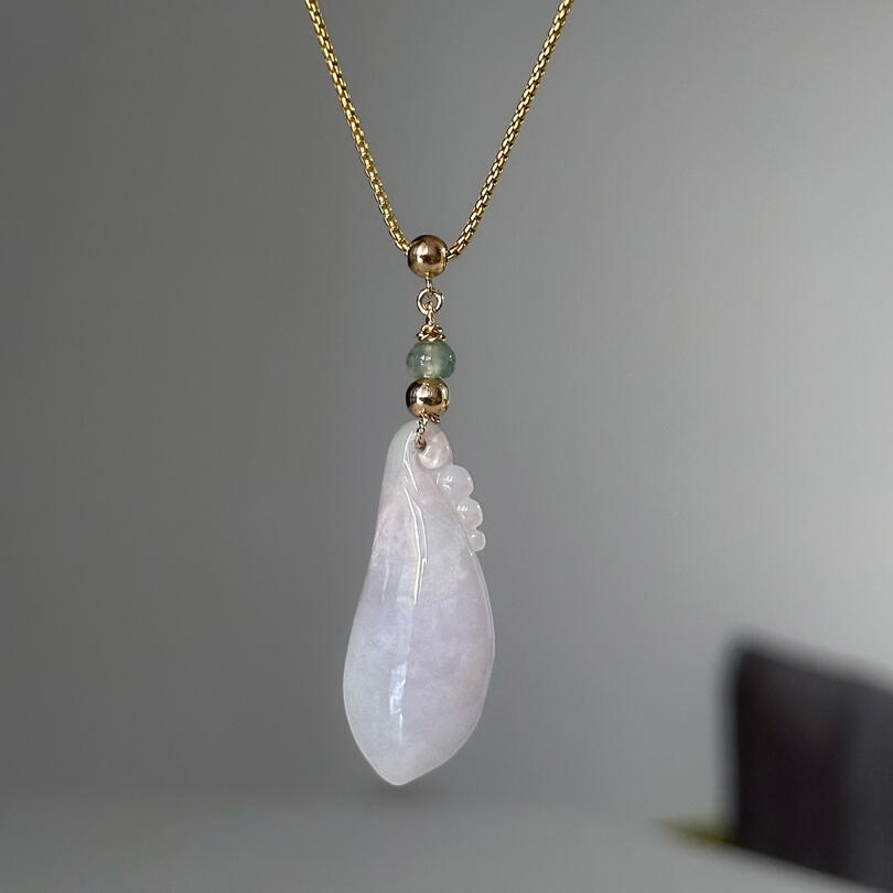 Lilliac coloured jadeite pendant with gold and translucent greenish jadeite bead made bail
